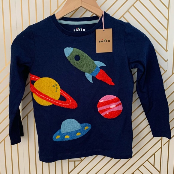 Mini Boden NWT Navy Space Adventure Long Sleeve Tee outer space planet rocket - Picture 1 of 9